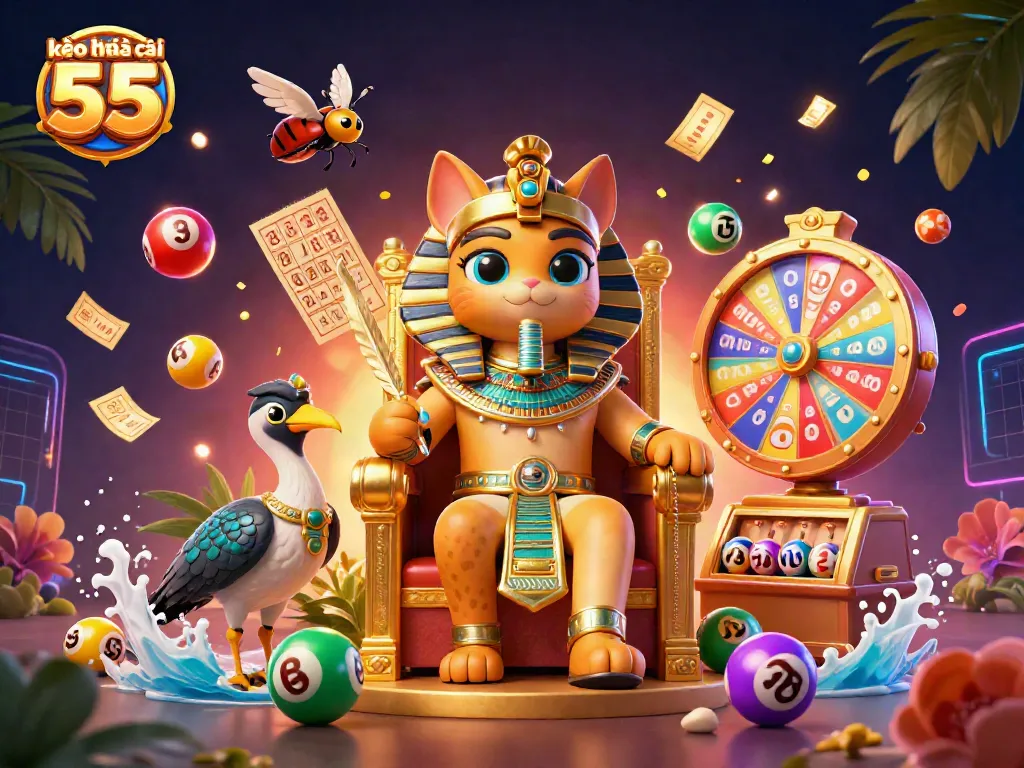 Engage with kèo nhà cái 55's vibrant gambling scene featuring dynamic lottery elements and Egyptian characters.