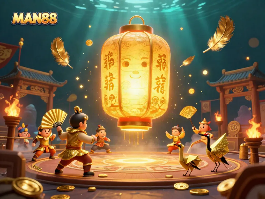 Experience the vibrant gaming world of MAN88 with a dazzling scene of golden spirits and dynamic casino elements.