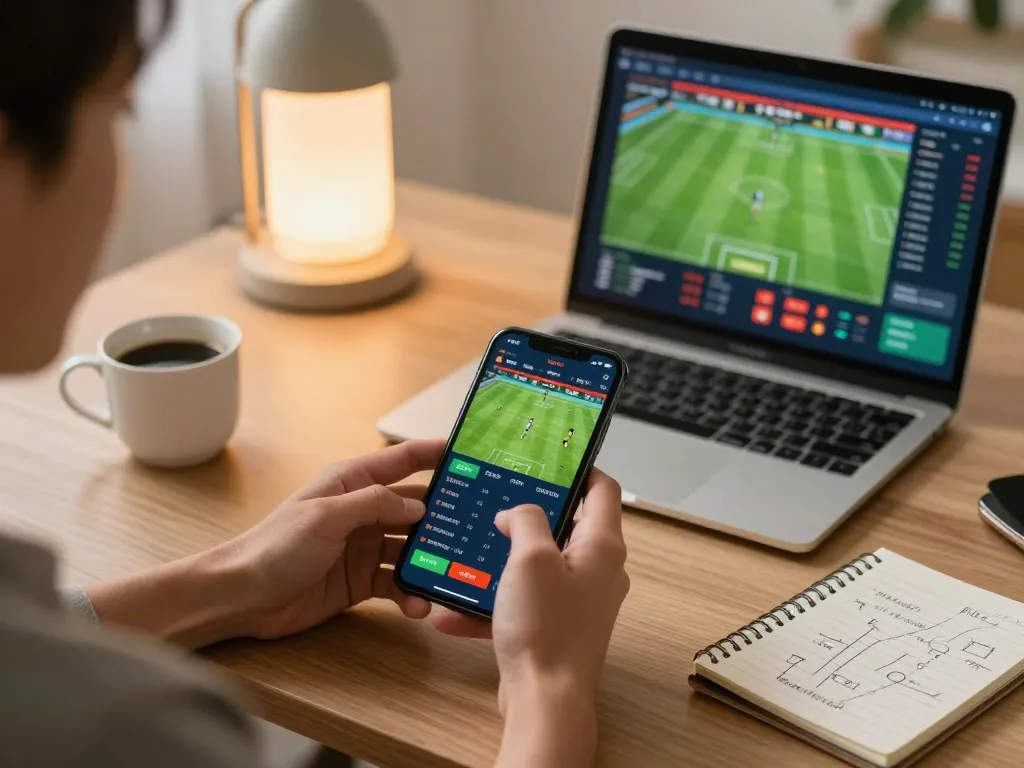 Placing bets on Vmax trang chủ using a smartphone, showcasing live sports odds in a cozy home setting.