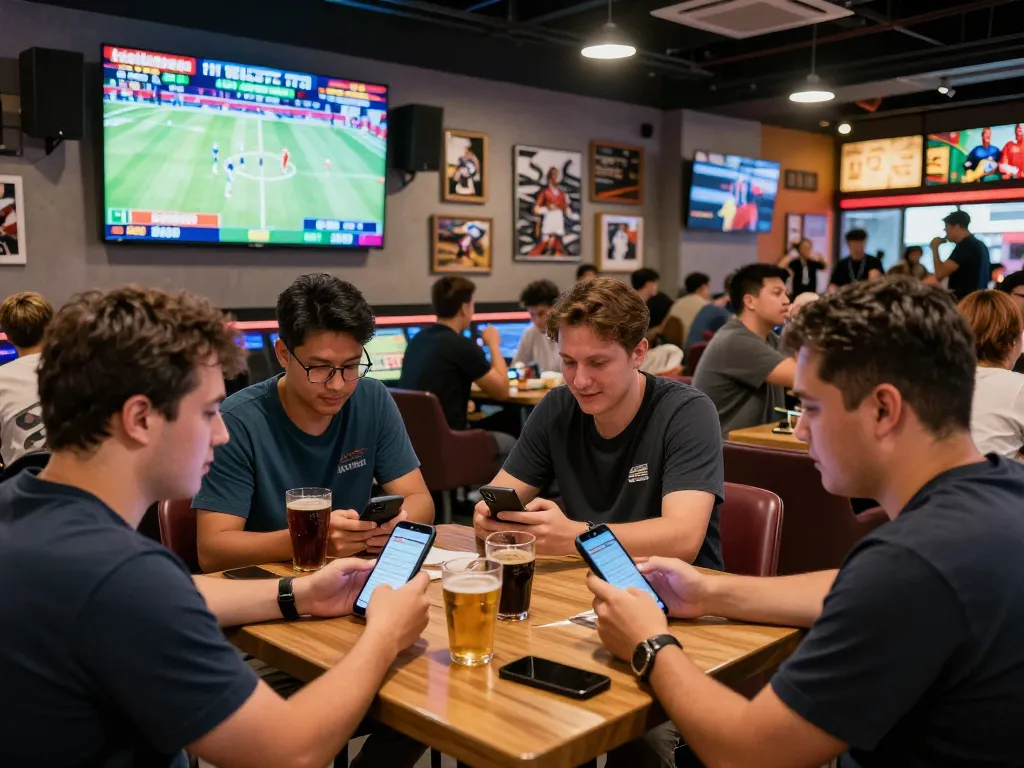 Engaged bettors examining tỷ lệ kèo trực tuyến at a modern sportsbook, capturing the excitement of live sports betting.