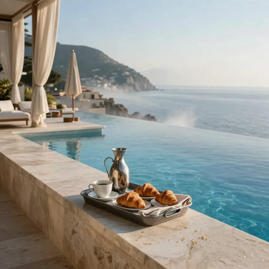 Terrazza resort sul mare all’alba con piscina a sfioro, parasoli e vassoio colazione.