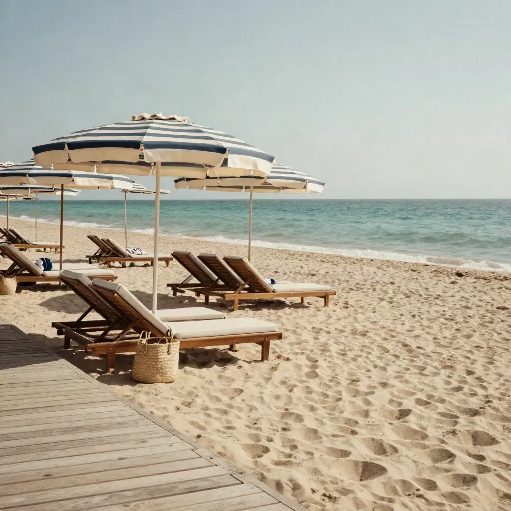 File di ombrelloni a righe e lettini ordinati in un beach club, con sabbia e mare in vento