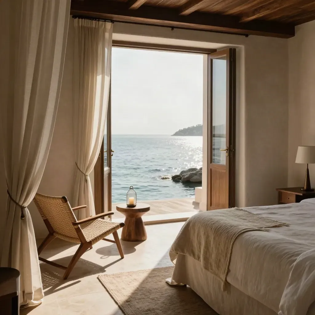 Suite vista baia con poltrone, lanterna e tende mosse dalla brezza.