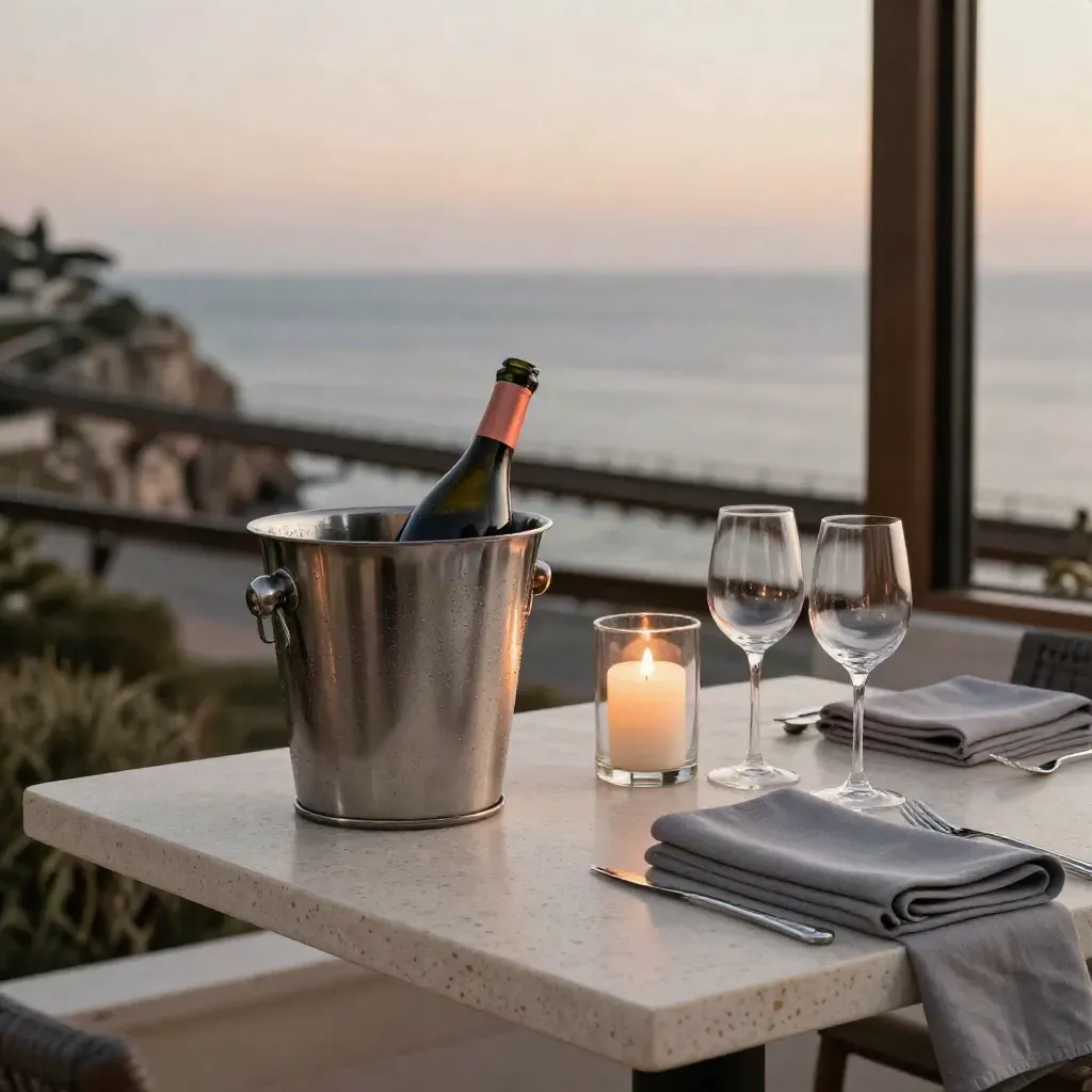 Terrazza vista mare con tavola per due, secchiello del vino e candele al tramonto.