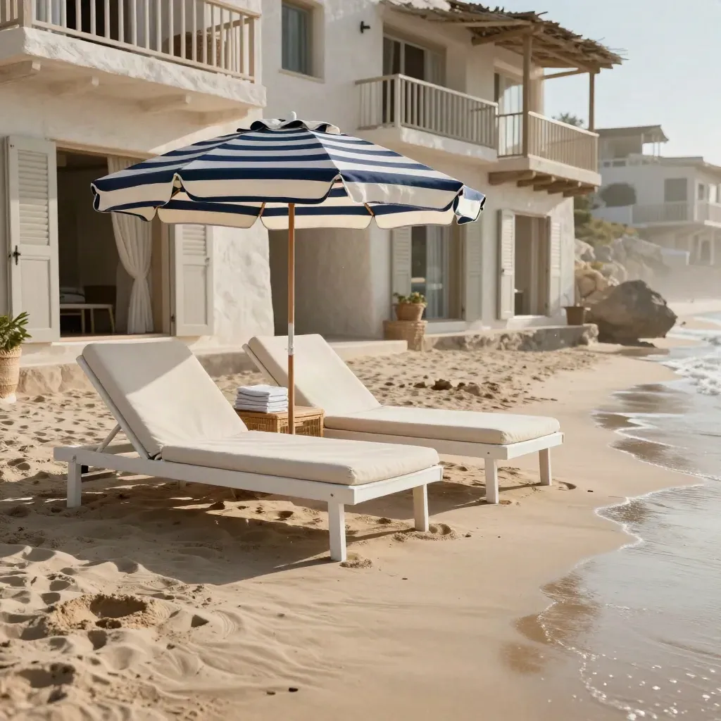 Lettini e ombrellone in spiaggia davanti a un resort sul mare, atmosfera luminosa e rilassante.