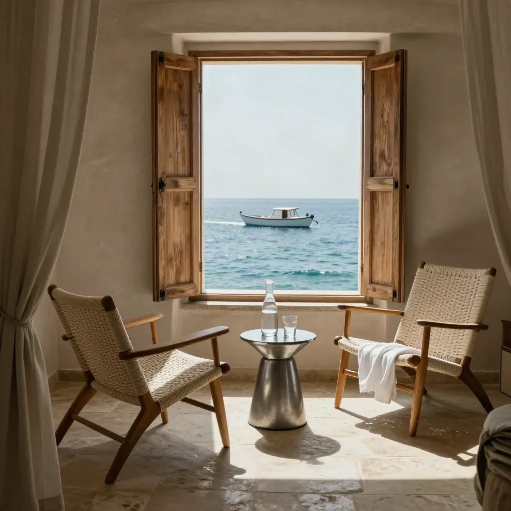 Suite vista baia con due chaise longue, persiane aperte e una barca al largo.