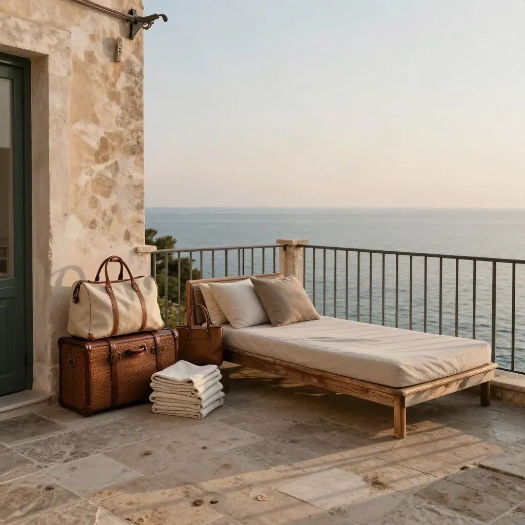 Terrazza vista mare a Monopoli con valigie impilate, daybed ombreggiato e biancheria piegata.