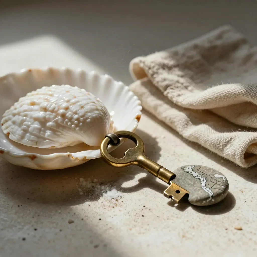 Vassoio macro con conchiglie, chiave in ottone, lino e pietra su travertino.