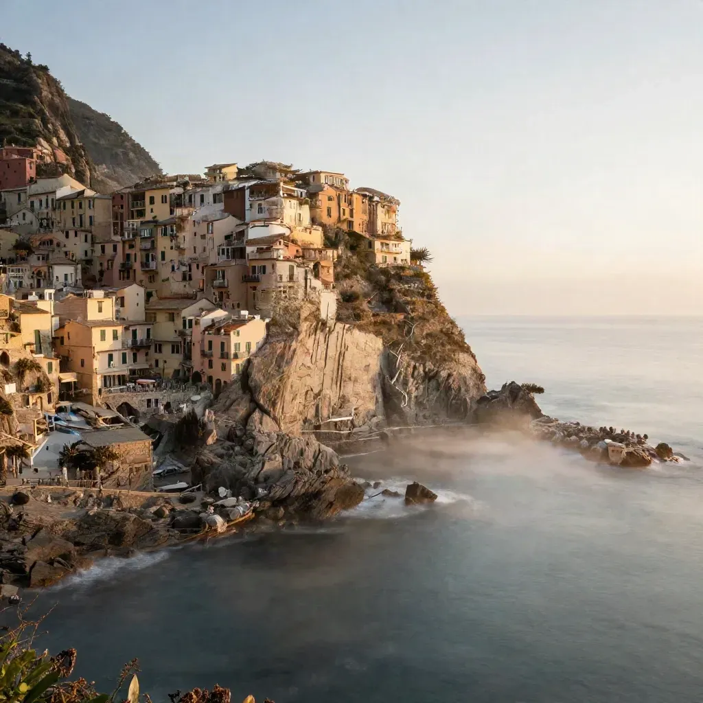 Villaggio ligure su scogliere, porto piccolo e mare velato nella luce dorata.