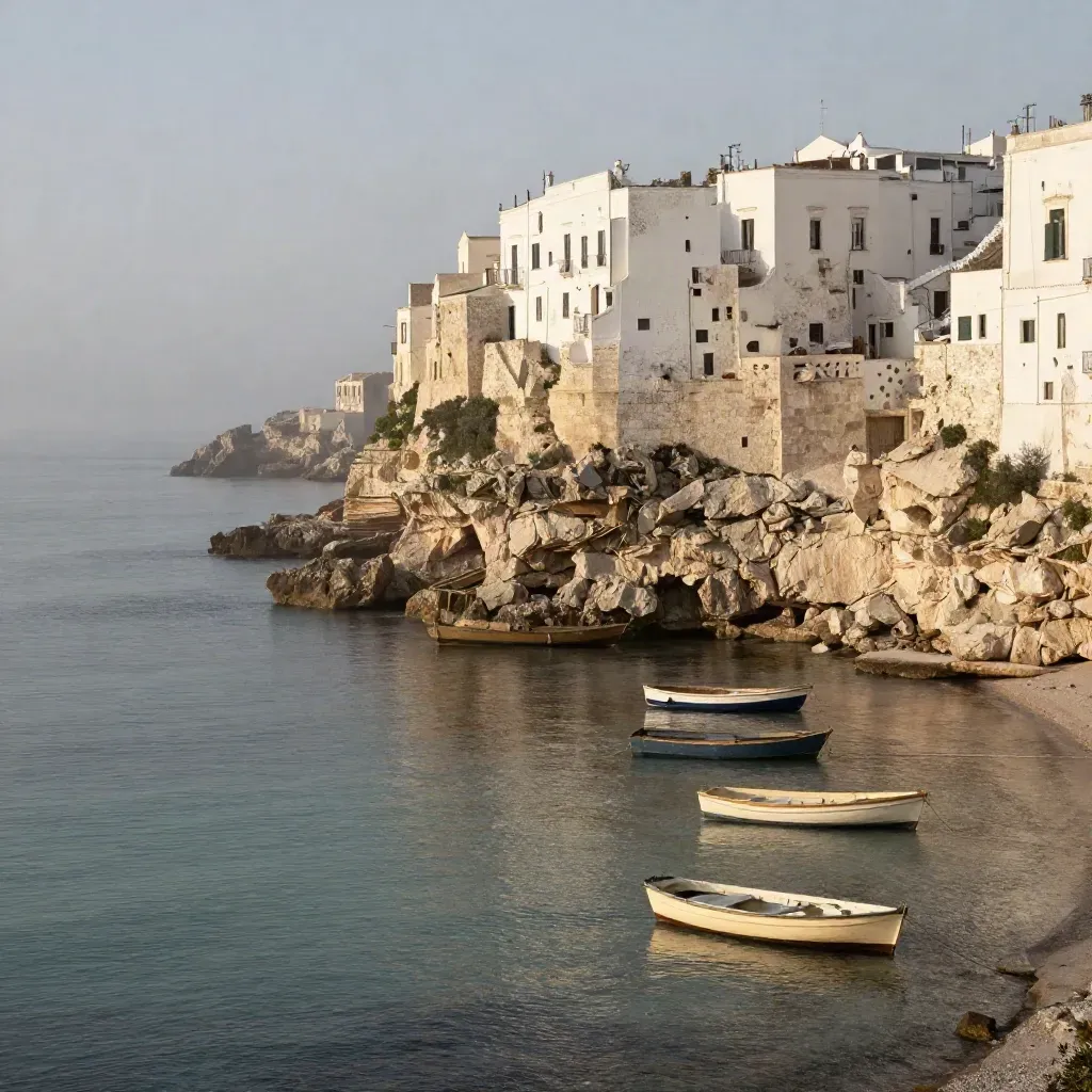 Scogliera pugliese con borgo bianco e cala calma, barchette sul mare azzurro.