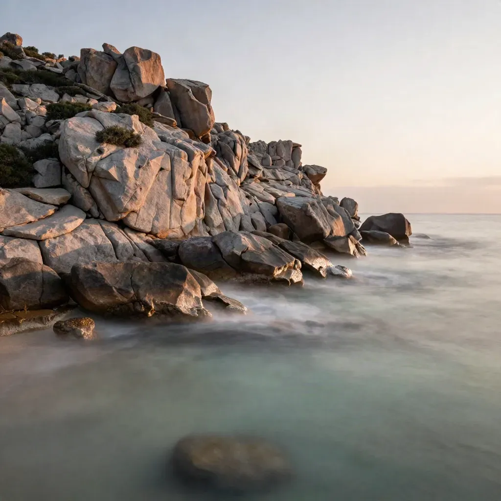 Promontorio granitico sardo al tramonto con cala traslucida e rocce bagnate dalla marea