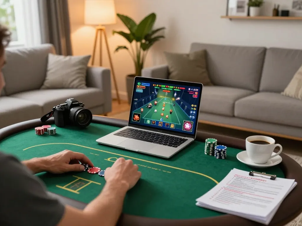 The vibrant home gaming scene featuring an engaged player at nhà cái Net88 poker table, showcasing strategic gameplay and responsible gambling atmosphere.