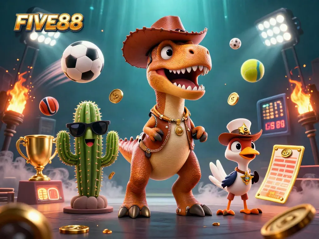 FIVE88 showcases a dynamic casino scene with animated characters and vibrant game elements for thrilling betting.