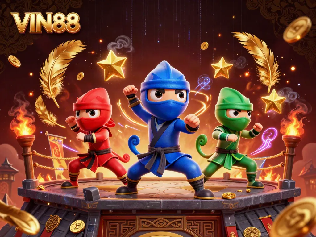 VIN88 chameleons perform martial arts in a vibrant, action-packed casino scene with golden elements.