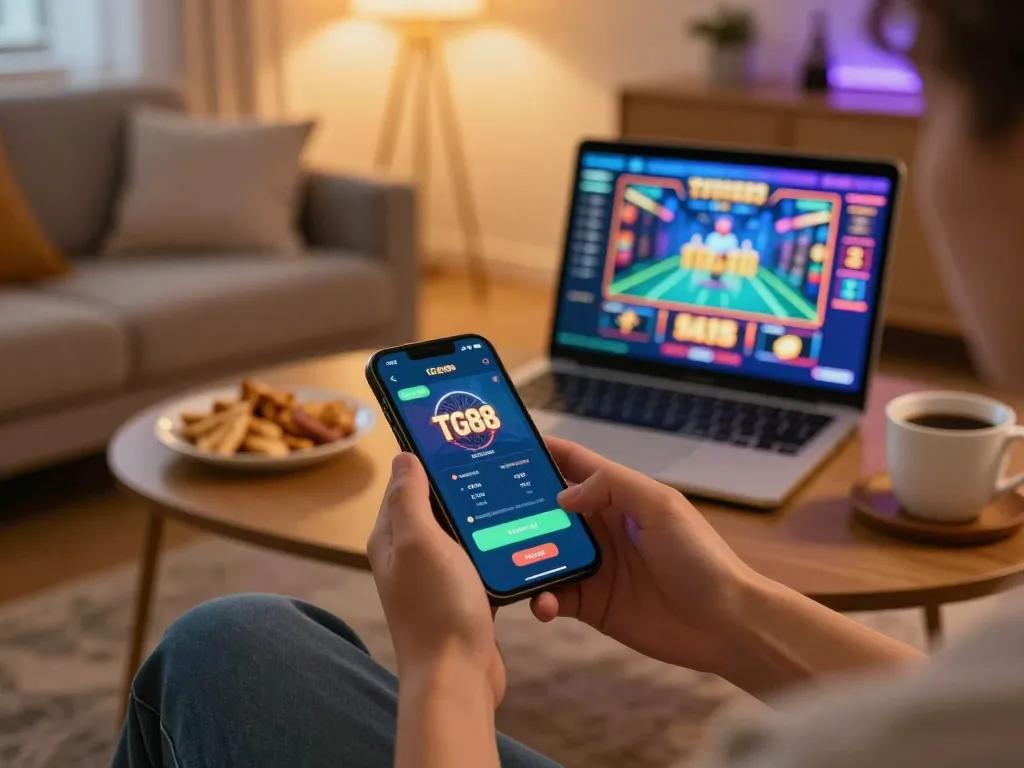 TG88 club user enjoying mobile gaming experience with a smartphone showcasing casino app in a cozy living room