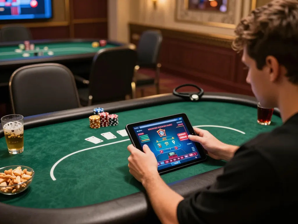 Engaged player on mm88 using tablet for poker strategy during online gaming session