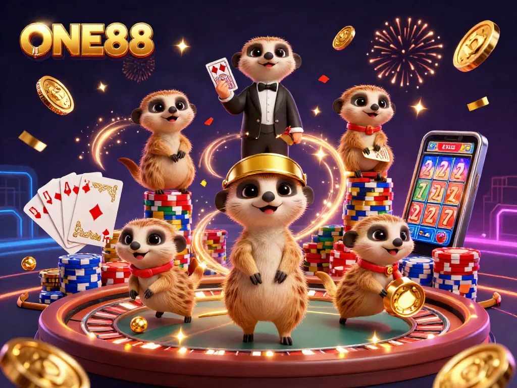 ONE88 meerkats entertaining players in a vibrant casino scene filled with golden coins.
