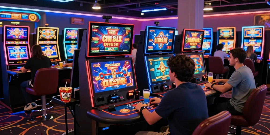 Scena coinvolgente di casinò non AAMS con giocatori che si divertono con giochi dal vivo e vivaci slot machine digitali.