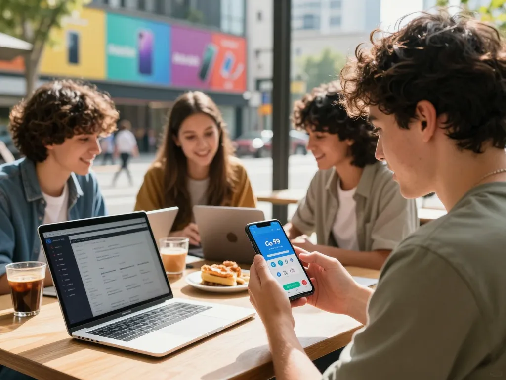 Youth engaging with Go 99 mobile plan at a café, showcasing connectivity and promotion.