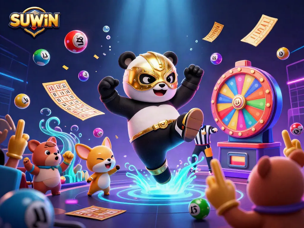 SUWIN engages players with vibrant gameplay, featuring a panda wrestler and lively casino elements.