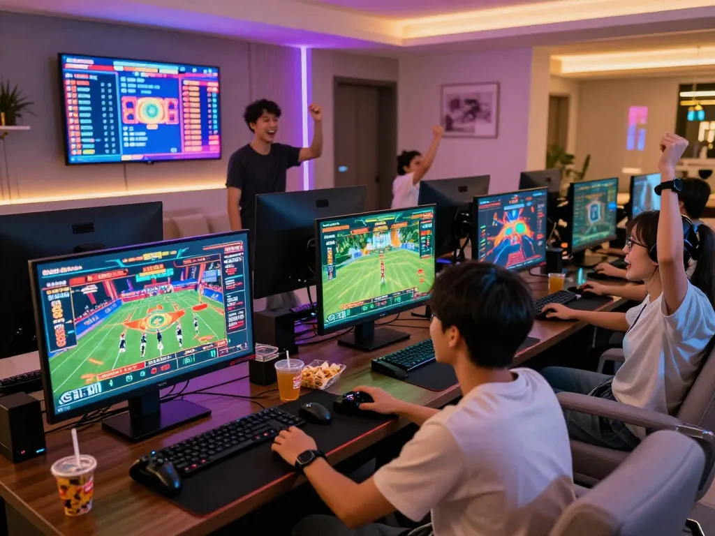 Young adults enjoying an immersive gaming experience at https://rikviprent.com with large screens showcasing casino games.