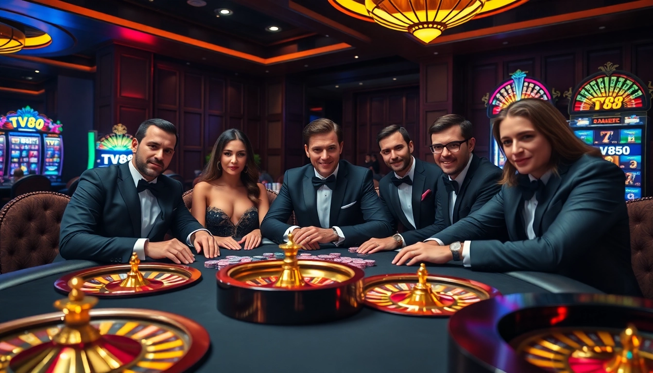 TV88 poker players engaged in a high-stakes game, showcasing excitement and luxury in a casino ambiance.