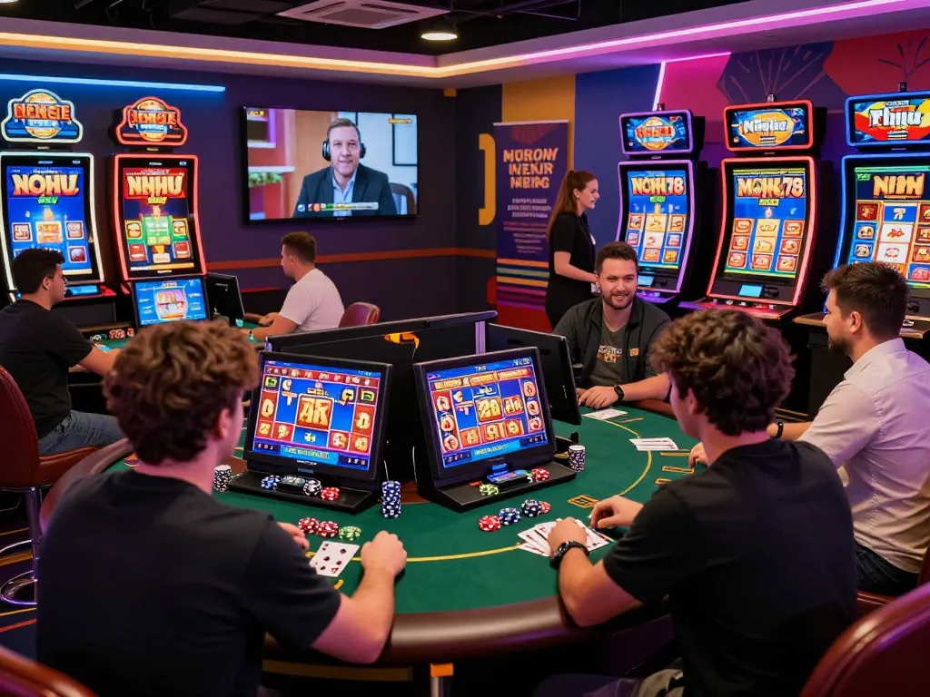 Nohu 78 online gaming scene with players celebrating wins and vibrant graphics, showcasing the excitement of modern gambling.
