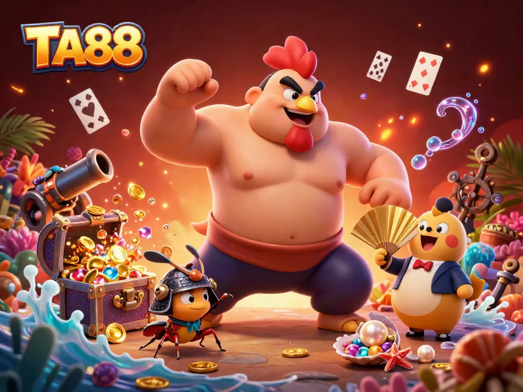 TA88 showcases an energetic casino scene with cartoon sumo wrestler, fighting cricket, and tanuki announcer.