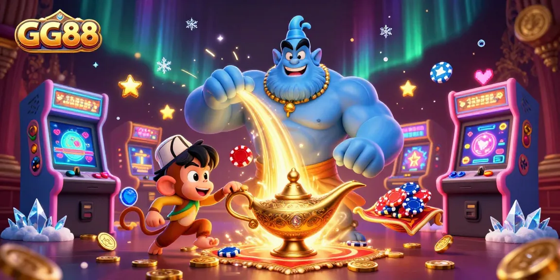 Experience the magical gaming world of GG88 with vibrant poker chips and a bustling casino atmosphere.