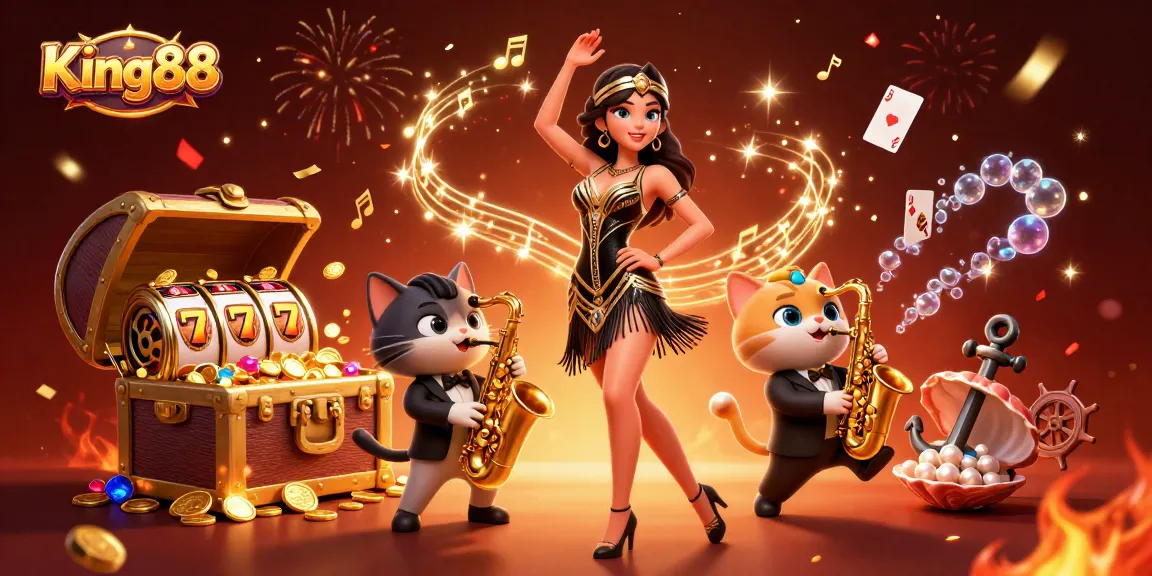 Experience big wins at King88 with stunning visuals of slots, gold coins, and lively characters.