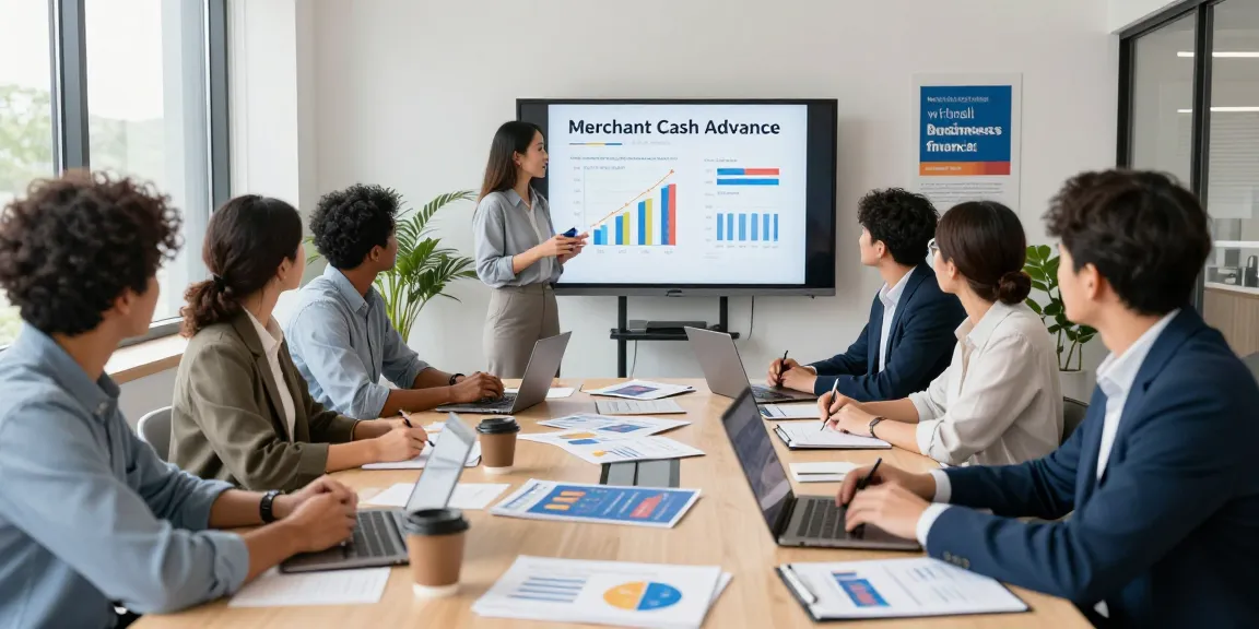 Business owners learning about merchant cash advance in a modern workshop.