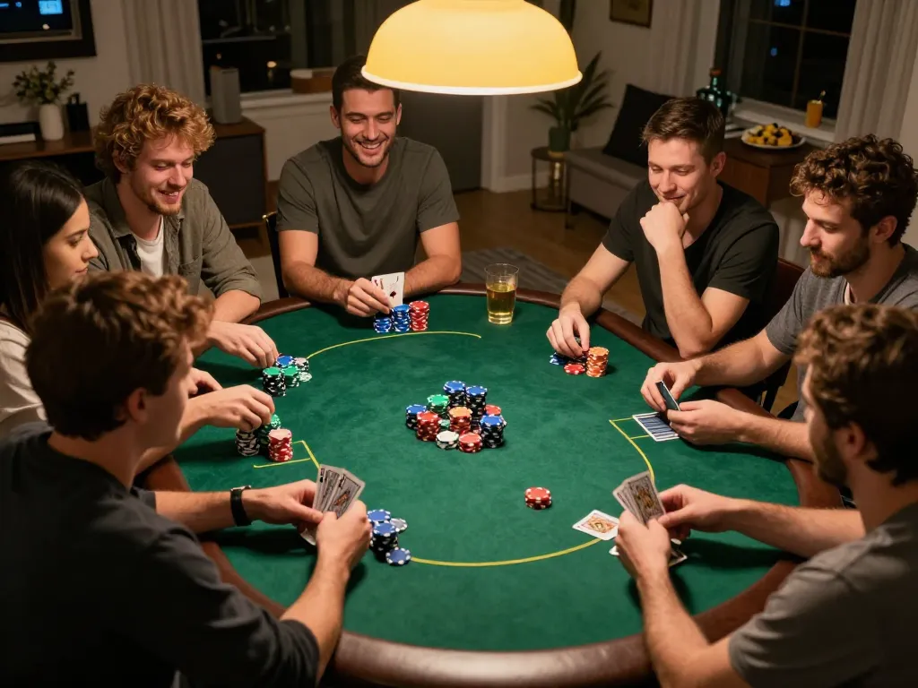 Friends engaged in a thrilling poker night, showcasing ty le ca cuoc strategies through cards and chips.