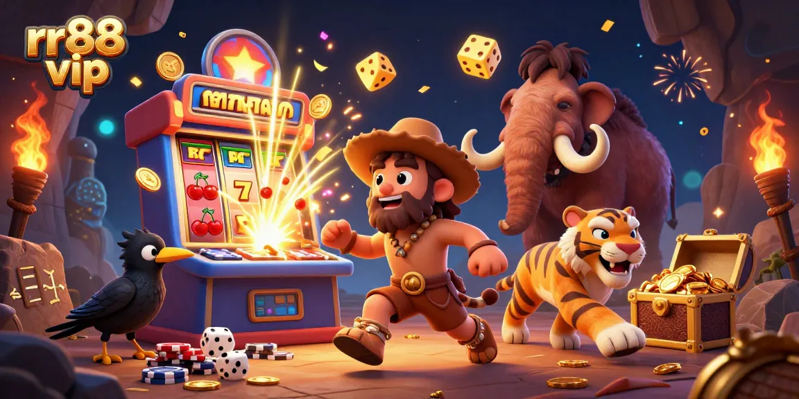 Experience exciting gameplay at rr88 vip with a lively illustration of a prehistoric casino filled with dynamic game elements.