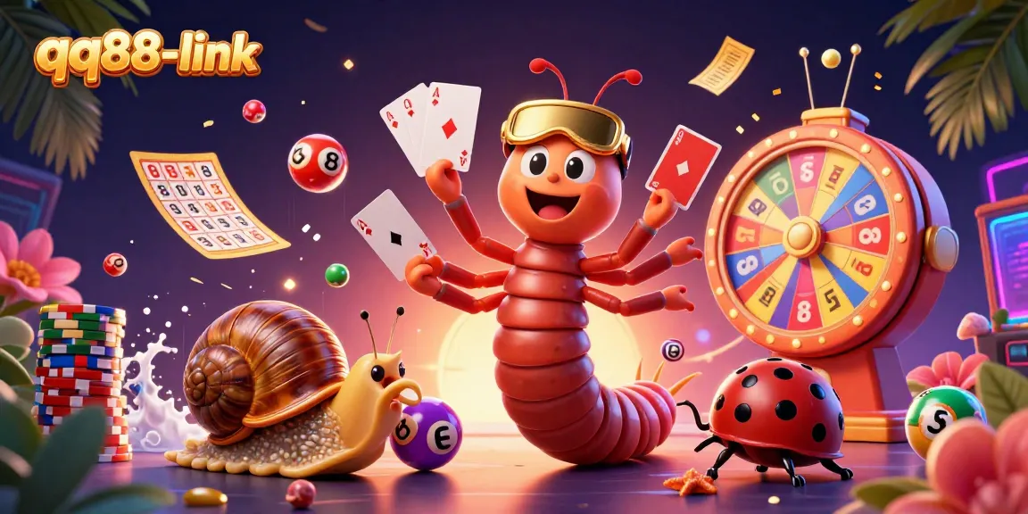 Experience the excitement of qq88-link with a colorful casino-themed illustration featuring vibrant game elements.