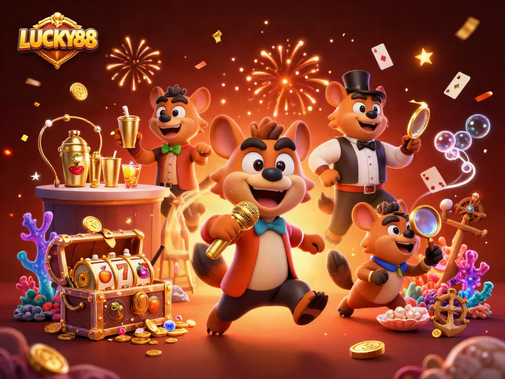 Spin and win with LUCKY88 at an exhilarating comedy casino featuring lively hyena characters.