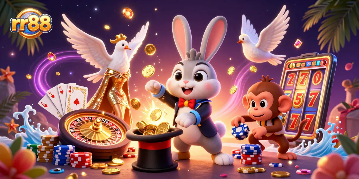 Experience excitement at rr88 with a cartoon rabbit magician pulling coins, surrounded by gaming elements.