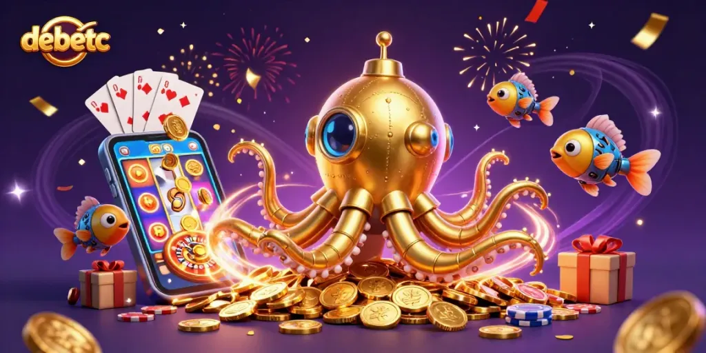 Experience the winning excitement at debetc with a 3D golden kraken submarine through a sea of coins.