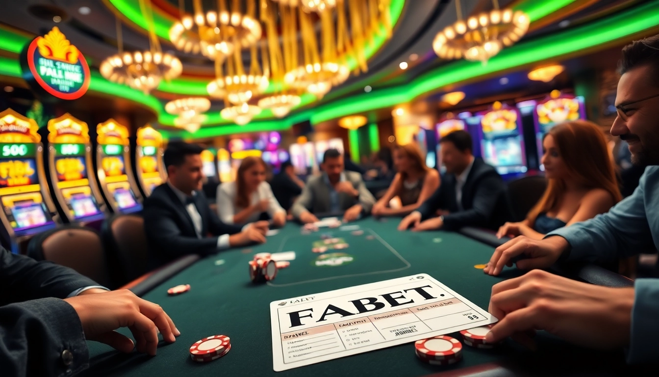 Players at a FABET poker table enjoying high-stakes gameplay with vibrant slot machines in the background.