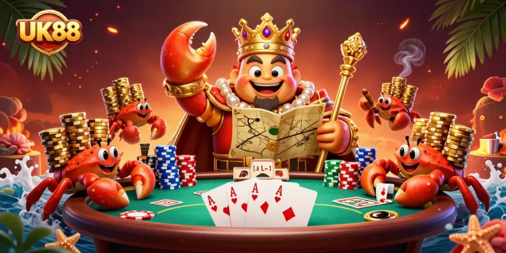 Experience the thrill of UK88 as the golden crab emperor oversees a vibrant casino scene with massive chips.