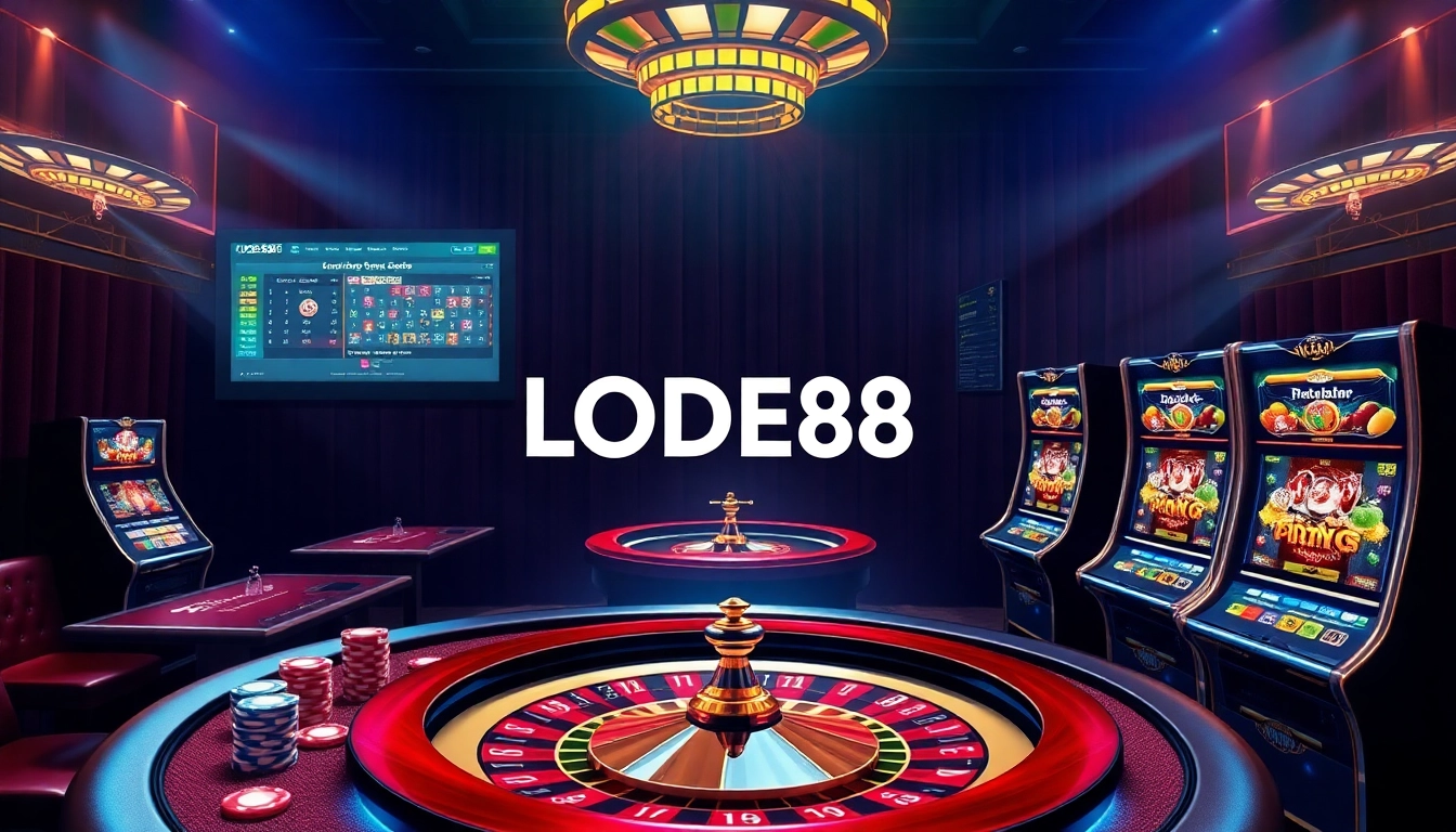 Exciting LODE88 online casino scene with roulette wheel, poker table, and vibrant betting interface.