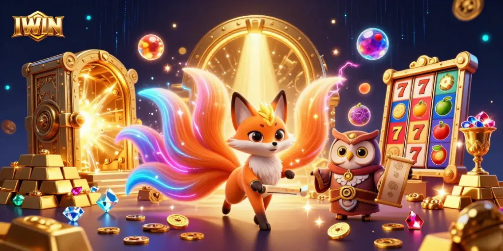 Spin the reels with IWIN: Capture vibrant slot action amidst glowing treasures and mystical characters.
