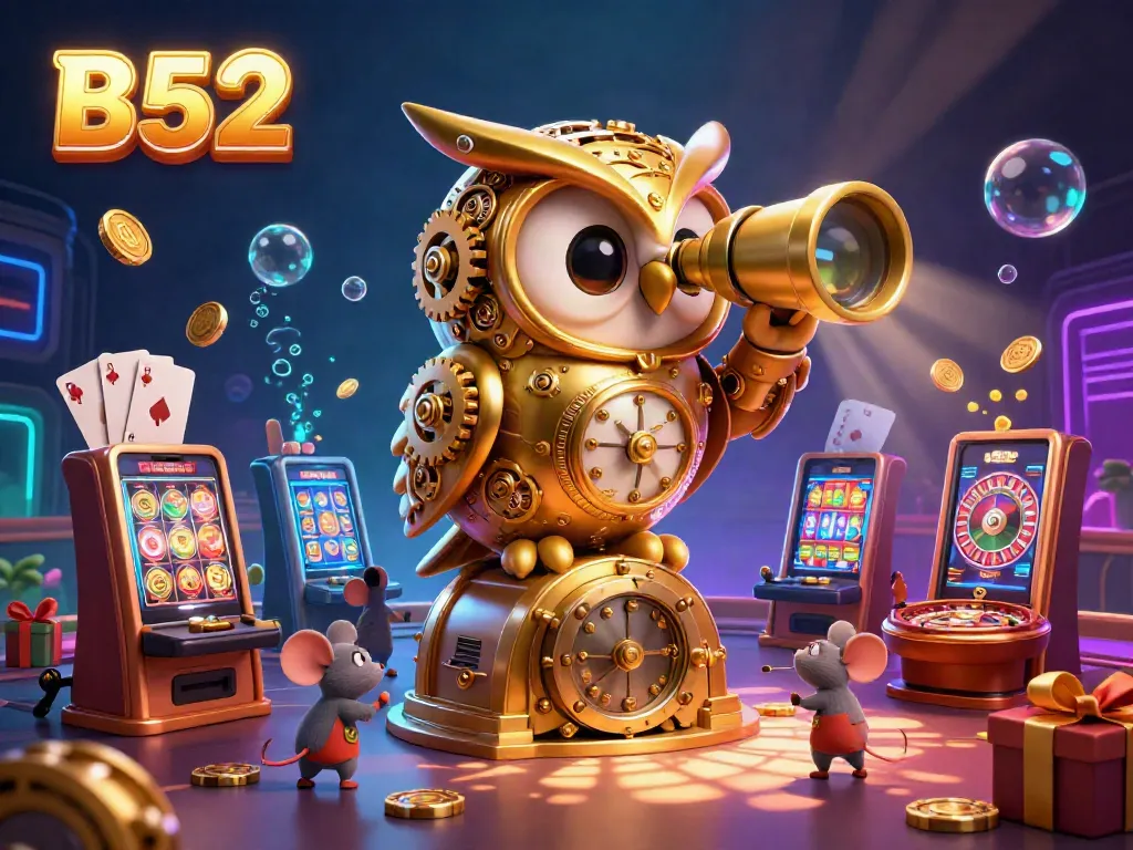 Engage in B52 gaming excitement with a vibrant casino scene showcasing slot games, coins, and a golden owl.