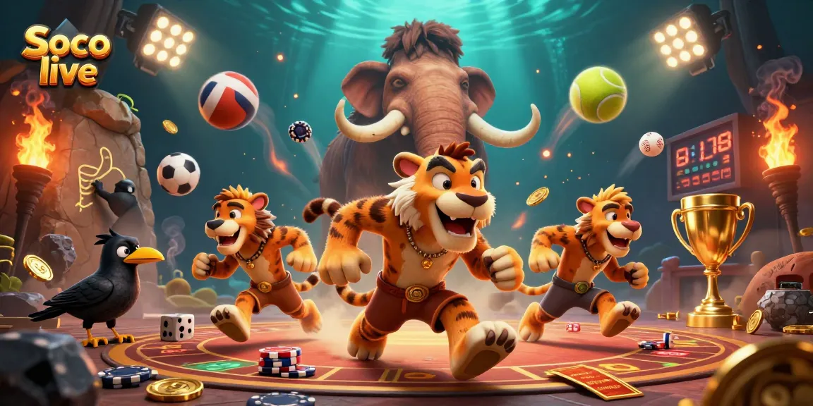 Soco live showcases animated cavemen gambling in a prehistoric casino, highlighting dynamic sports elements and vibrant energy.