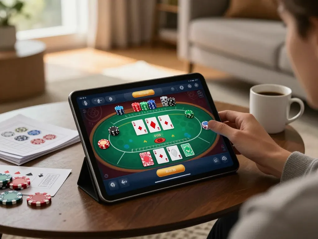 Dynamic online poker gaming on a tablet with nhà cái 32win interface in a cozy home setting.