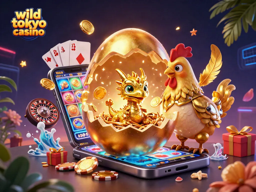 Engage in thrilling games at wild tokyo casino with golden dragon and poker chips illustration.