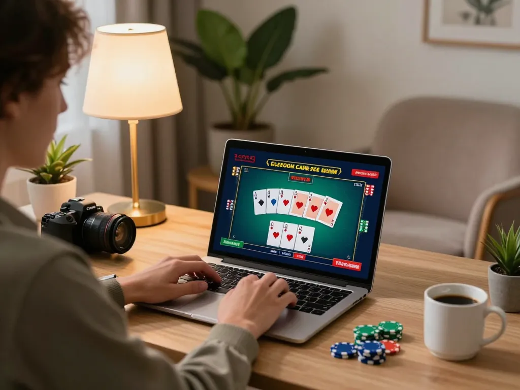 Engaged user on lc88 com enjoying online poker game on laptop at home office.