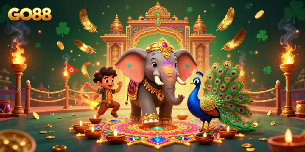 Experience the excitement of GO88 with colorful illustrations of casino elements and dynamic characters.