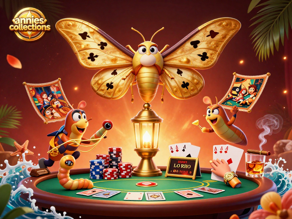 Win big with anniescollections as golden moths display card suits above a vibrant casino scene.