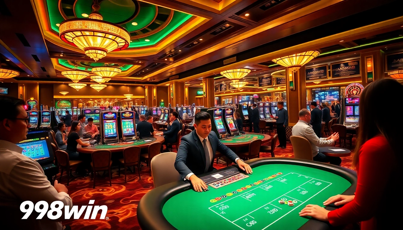 Players enjoying a vibrant blackjack game at 98win casino, showcasing excitement and luxury.