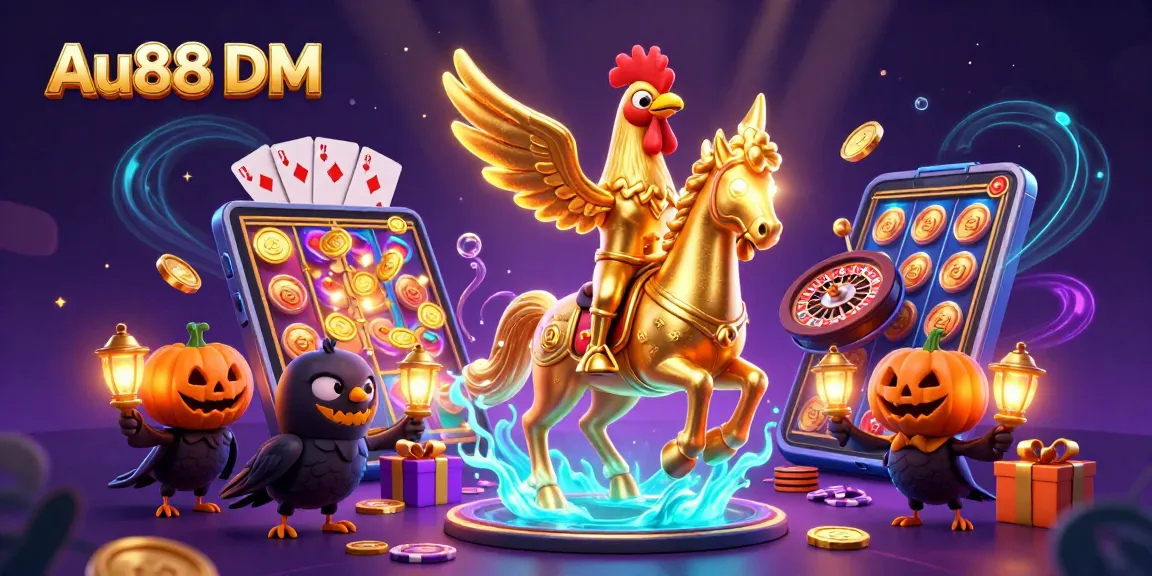 Win big at Au88 DM with a thrilling casino scene featuring a golden rooster and unique gaming elements.